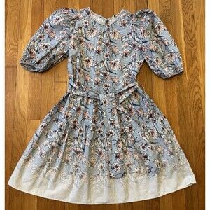 St. Roche Ciel Cotton Floral Print Puff Sleeve Mini Dress Blue Ombré Bird Belt 2